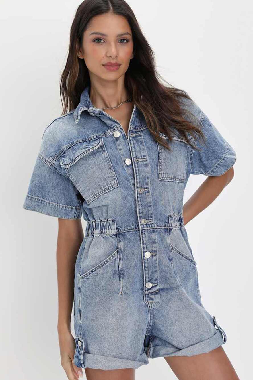 Free People We The Free Marci Denim Romper Shortall Vintage Light Wash Large